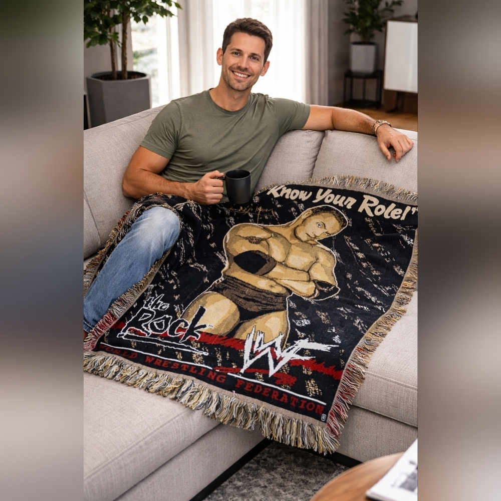 VTG 90s WWF The Rock “Know Your Role” Throw Blanket 44x56 Like New Rare
